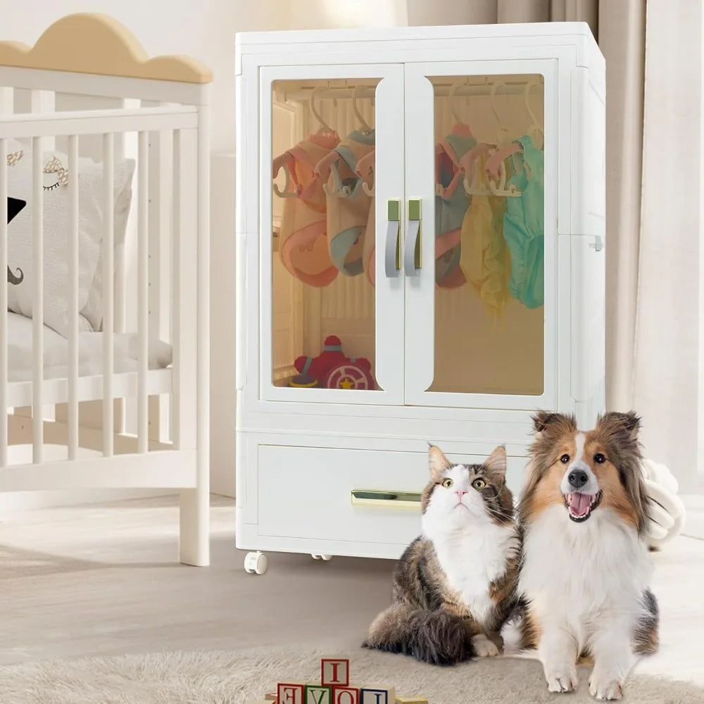 Stackable Pet Wardrobe with Storage Bins, Doors, Wheels, and Hanging Rods for Dog Accessories and Toys