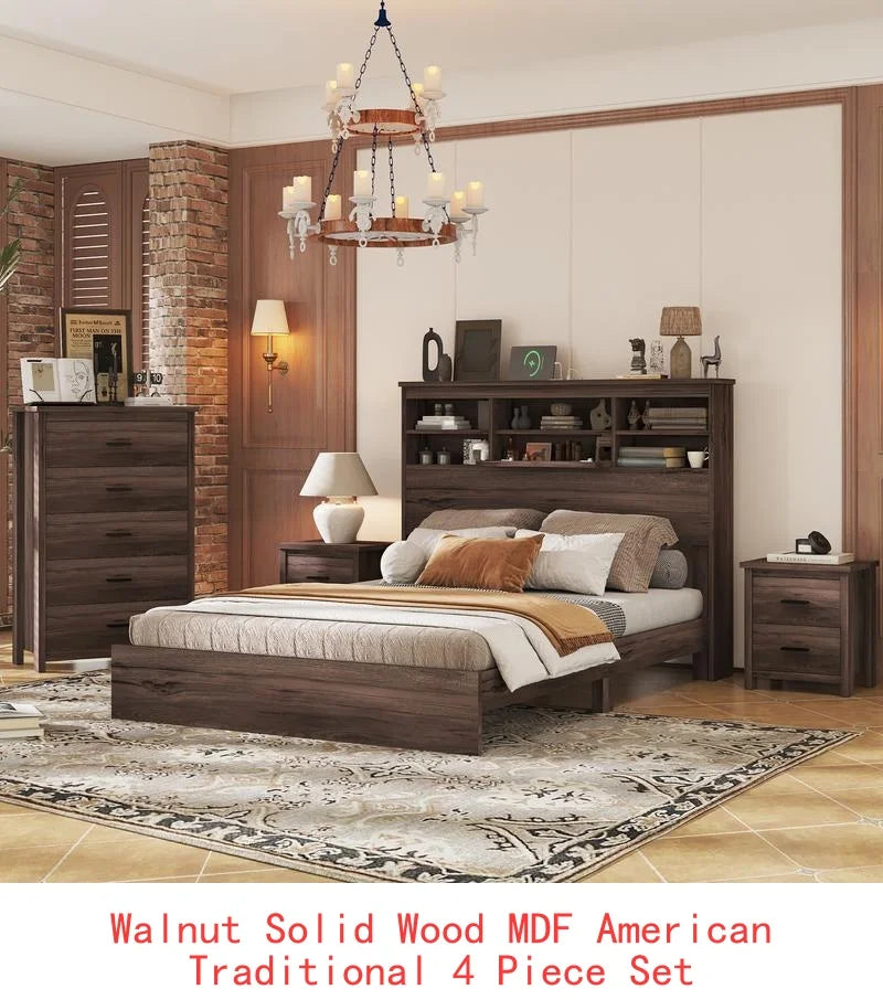 Vintage Queen Bedroom Set, 4 Pieces - Wooden Bed Frame, 2 Nightstands & 1 Dresser in White Finish