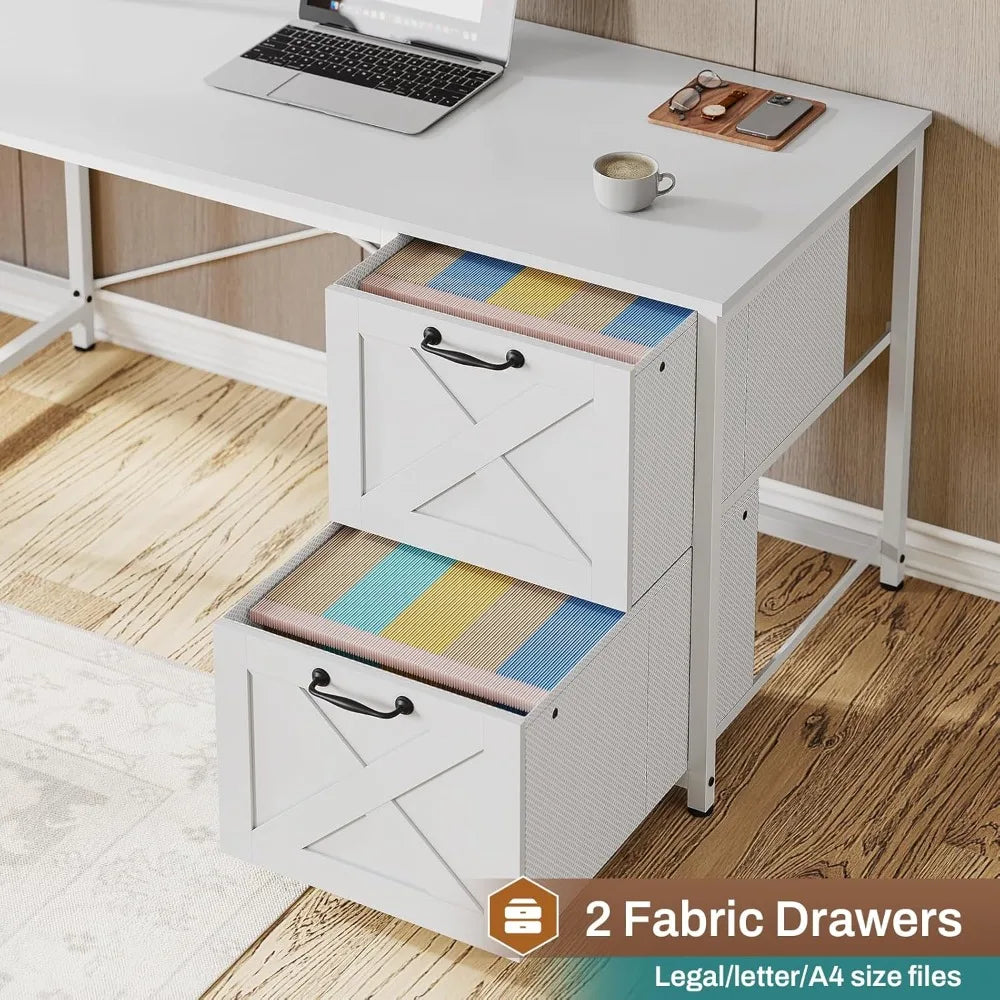 Contemporary White L-Shaped Desk for Home Office, Farmhouse Style with Fabric Drawers and Built-In Power Outlet, LED Lit