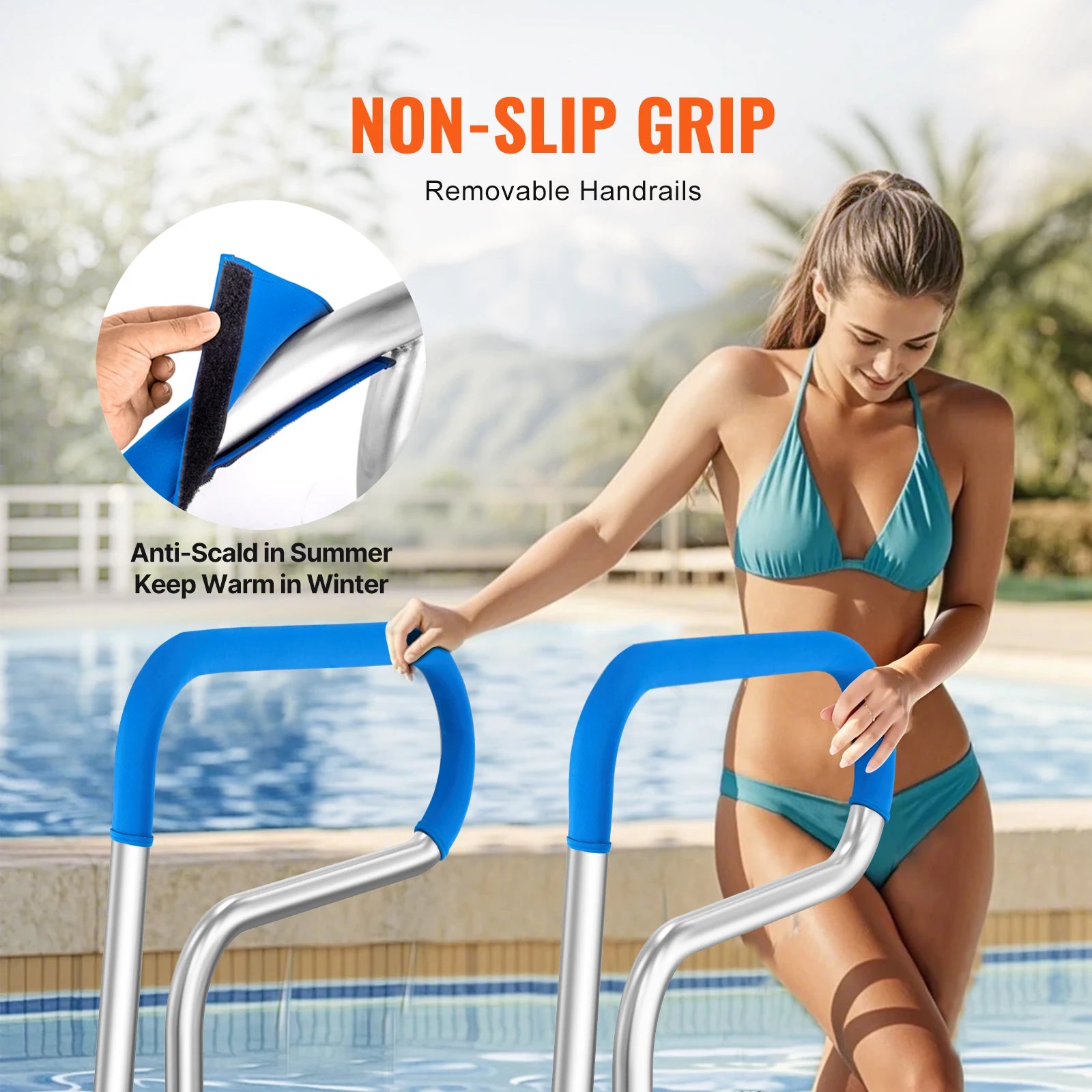 Pool Handrail Stainless Steel with Base Plate for Indoor/Outdoor Swimming Pool Safety Railing w/ Grip Cover for Decks