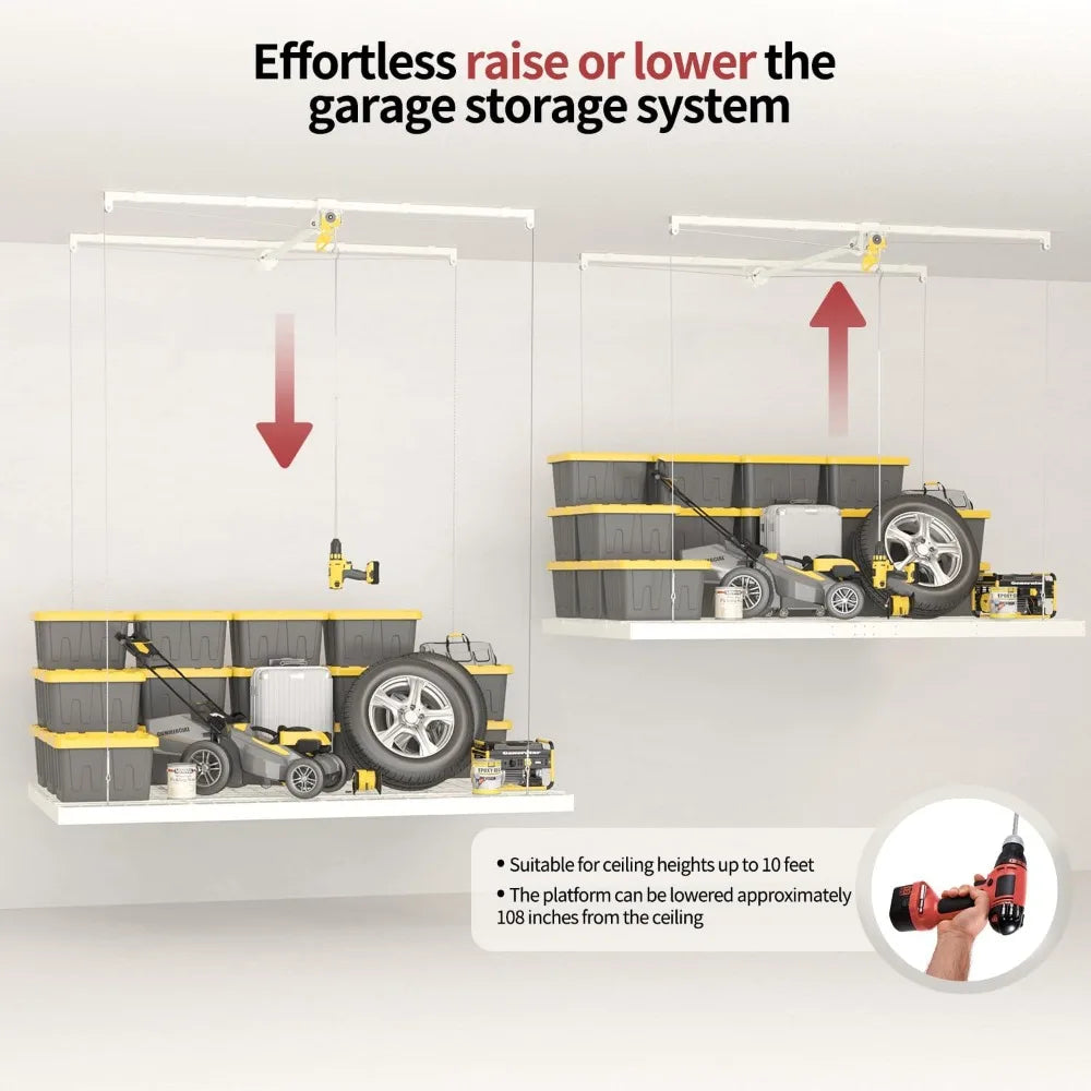 Overhead Garage Storage Solutions: 4x8 Foot Heavy-Duty Ceiling Rack with Safety Lock and Lift System