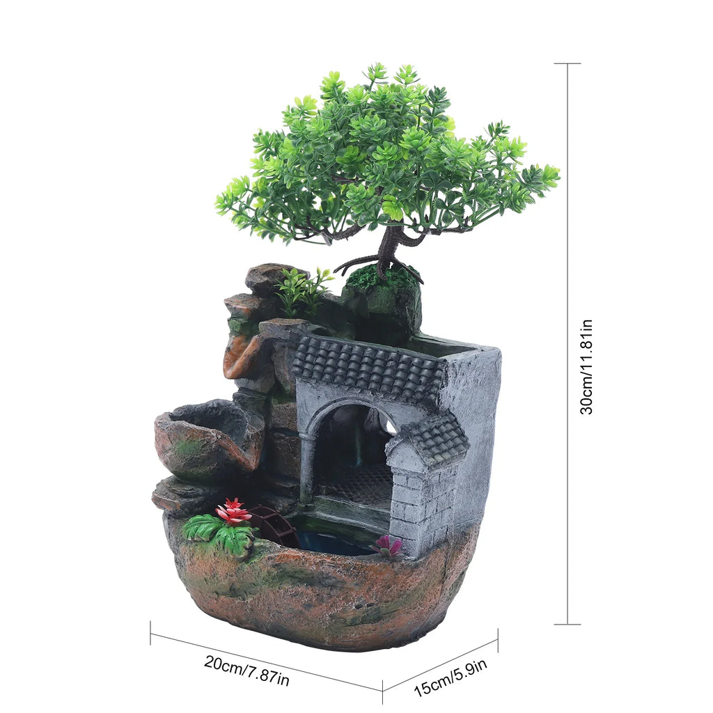 11" Desktop Fountain Rock Waterfall Humidifier with LED Light, Tabletop Water Fountains/ Indoor Fake Plant Bonsai Tree