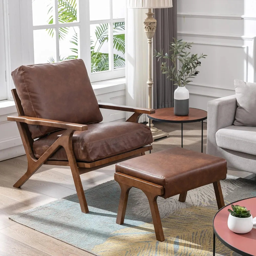 Mid-Century Modern Accent Chair with Ottoman, Faux Leather Armchair with Wood Legs