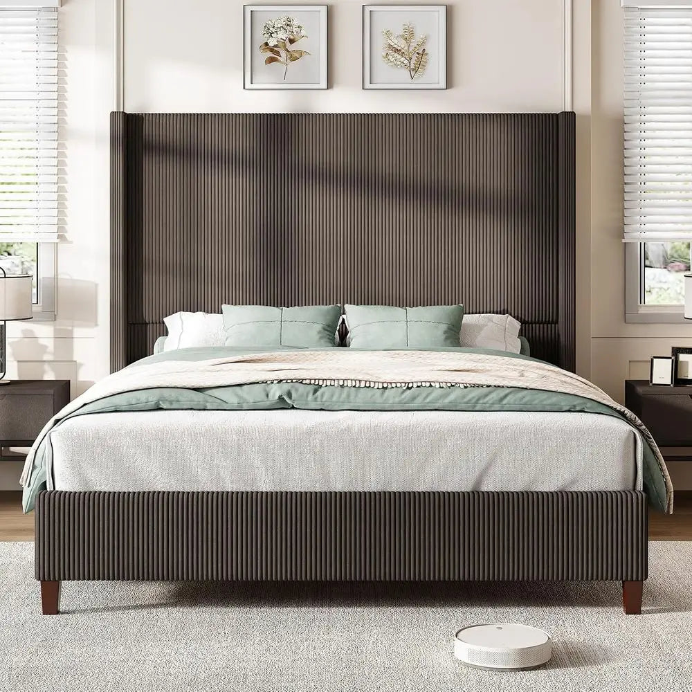 Chestnut 62 Corduroy Platform Bed Frame with Tall Wingback Headboard, No Box Spring Needed