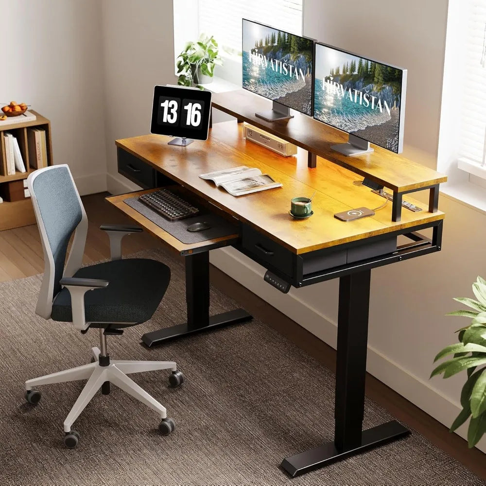 Electric Standing Desk with Drawers & Keyboard Tray, 55" Height Adjustable Gaming Desk with Power Outlets & LED Lights