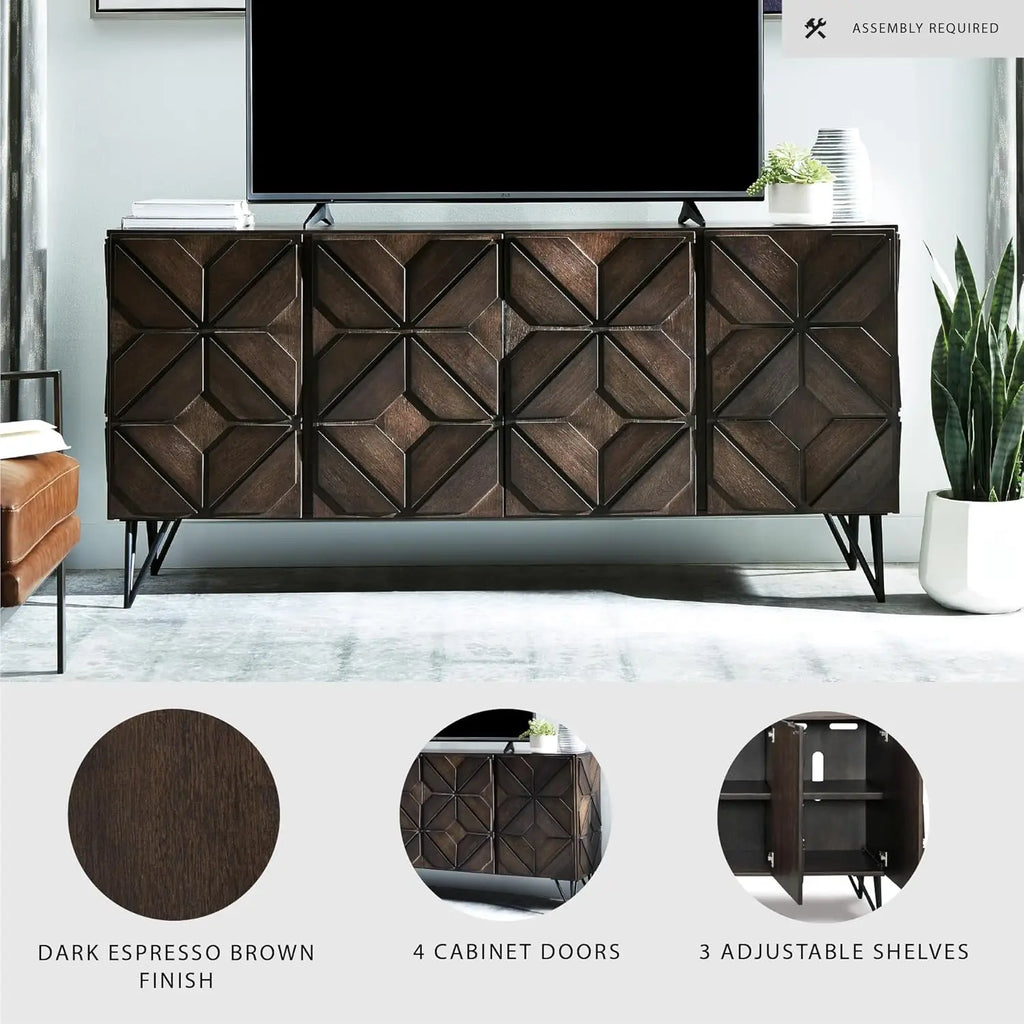 Urban Geometric Design TV Stand Fits TVs up to 70", 4 Cabinet Doors and 3 Adjustable Storage Shelves