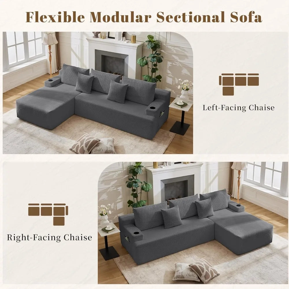 Cloud Sectional Couch Corduroy L-Shape Chaise Modular Sofa Deep Seat Boneless Couch Upholstered Living Room Furniture