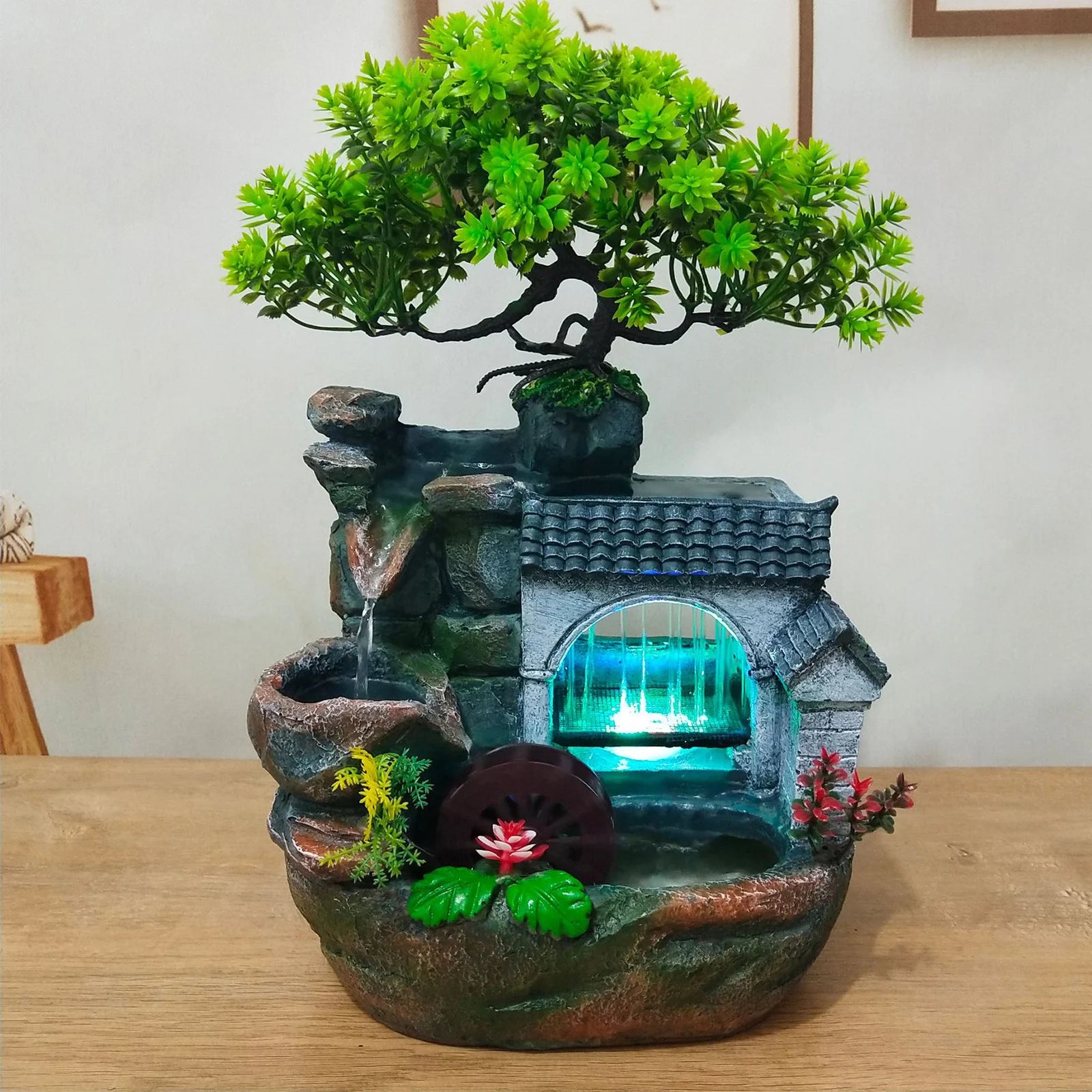 Tabletop Water Fountain with LED Light, Desktop Ornaments Resin Rockery Ornament for Office/ Living Room/ Desk Decor