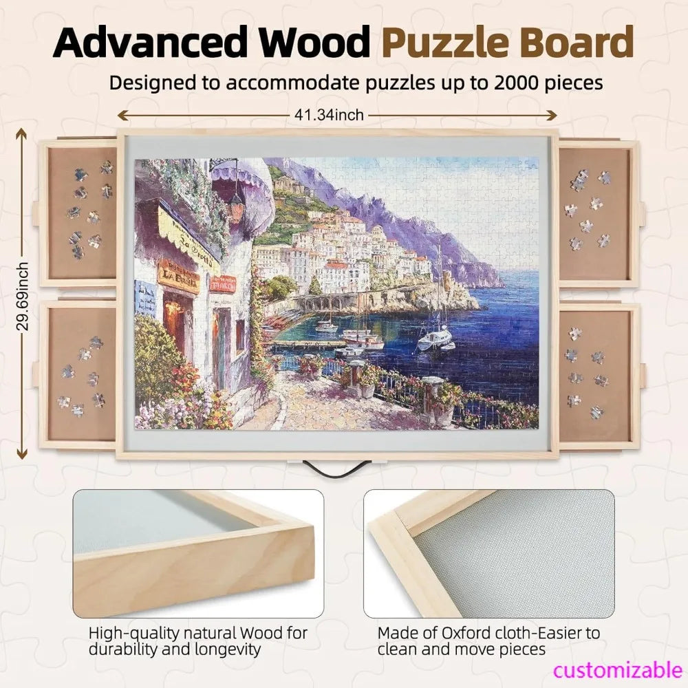 JIG 2000 Pieces 2-in-1 Tilting & Rotating Puzzle Board for Adults Gifts, Wooden Jigsaw Puzzle Table with 4 Drawers