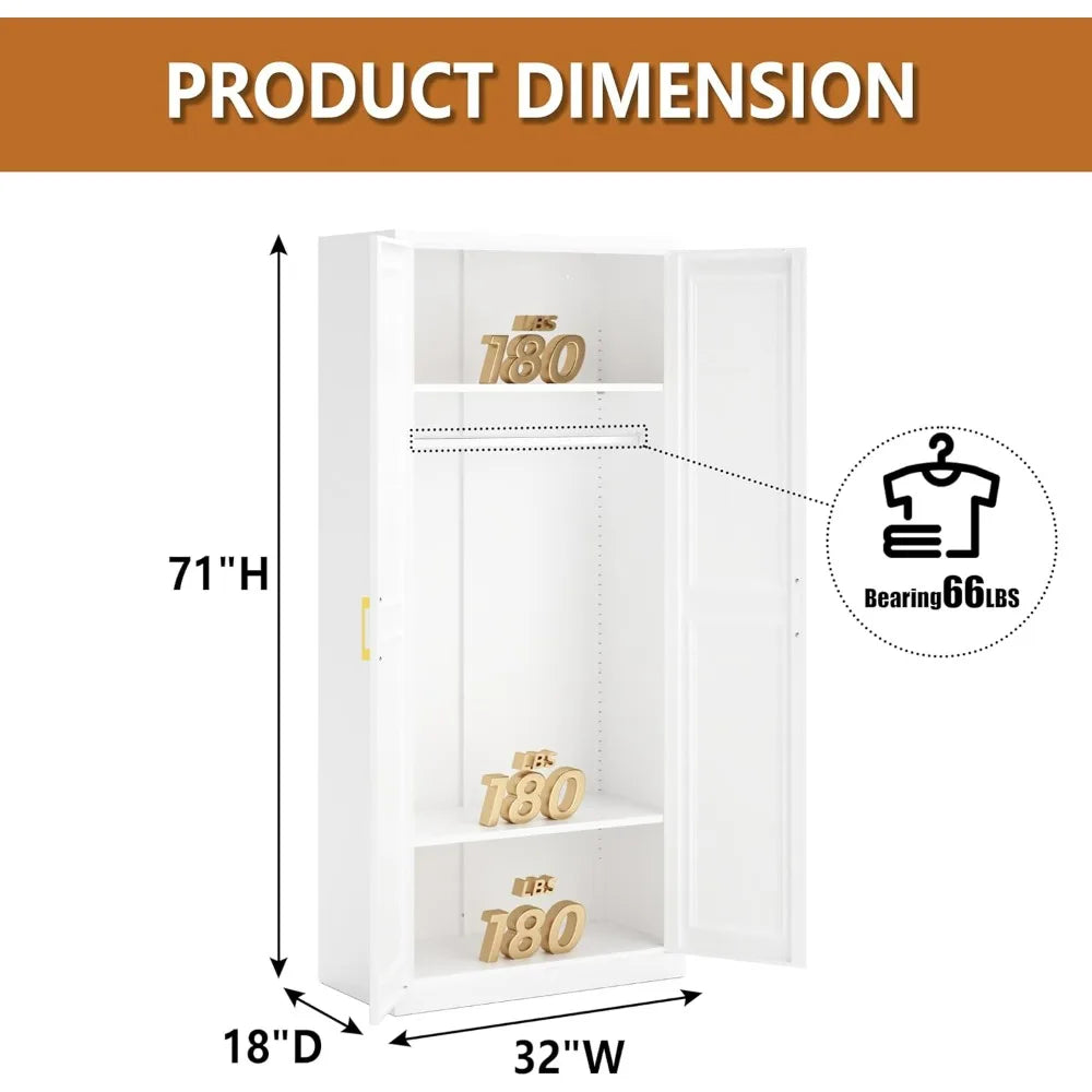 Freestanding 71-Inch Tall Metal Wardrobe with Hanging and Storage, Large Capacity Closet/ Cabinet