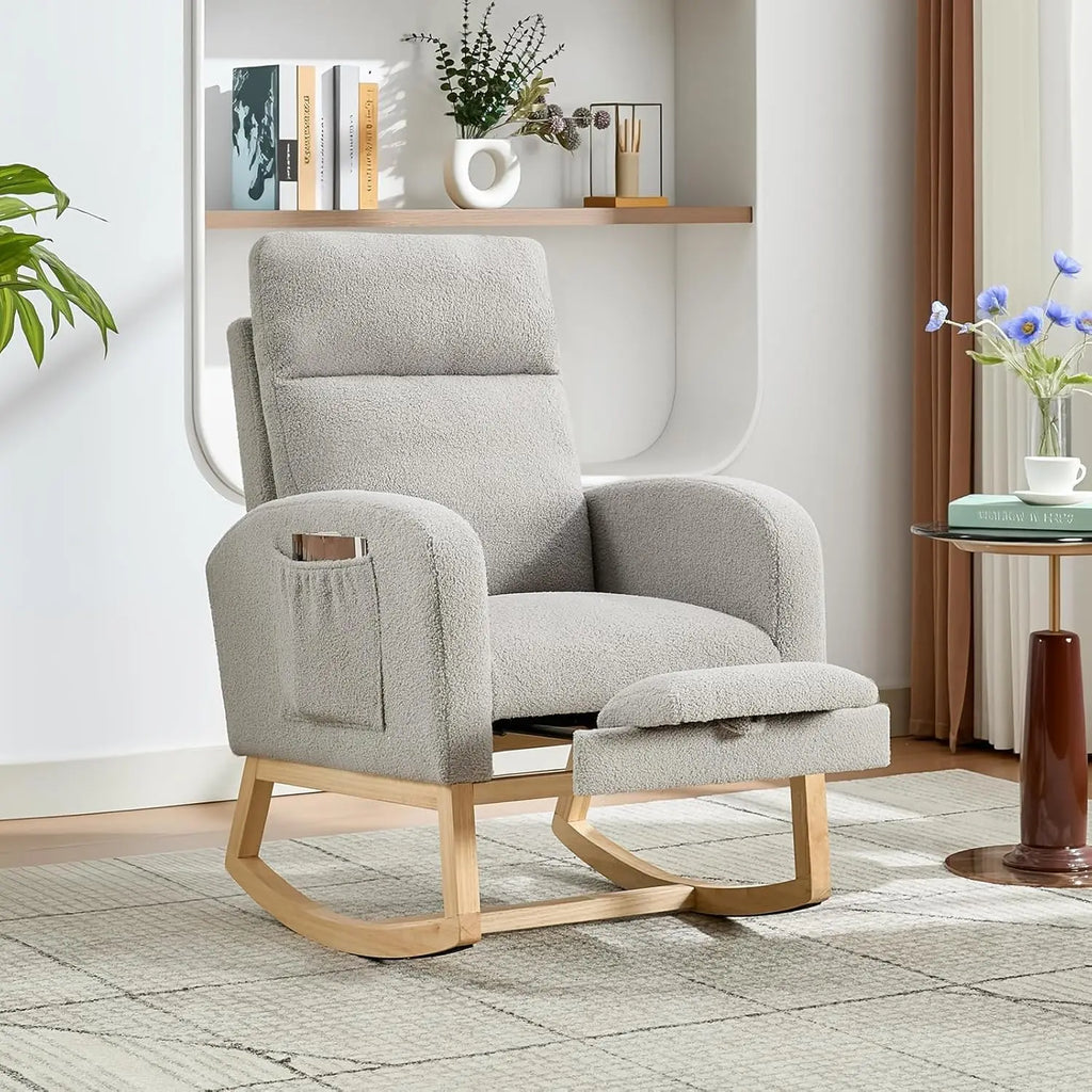 Rocking Chair Nursery Chairs with Foot Rest, Recliner Armchair with High Backrest & Wood Legs and Side Pocket for Living Room