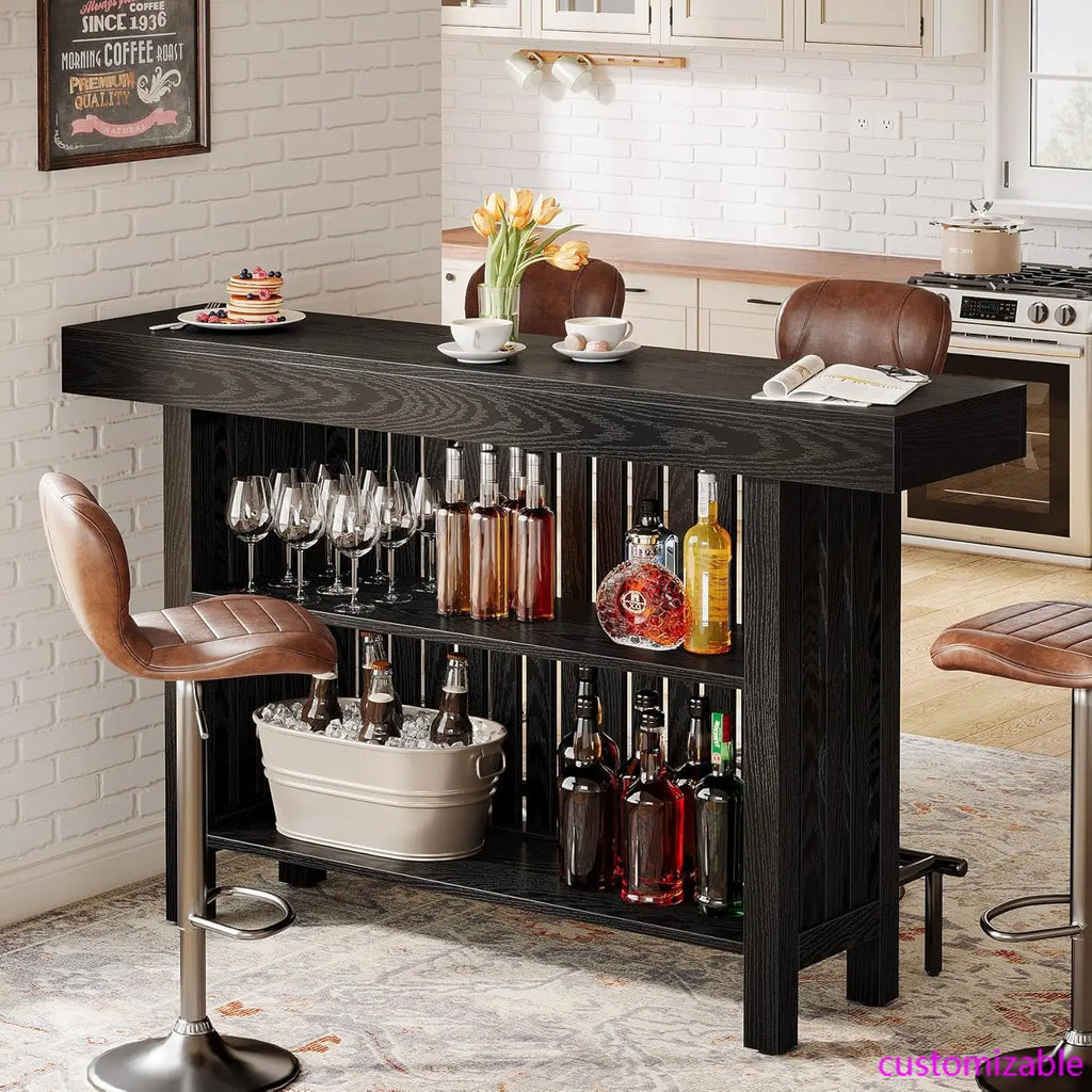 Black Large Home Bar Unit, 2-Tier Mini Bar Pub Table with Footrest, 63-Inch Modern Coffee Bar Cabinet