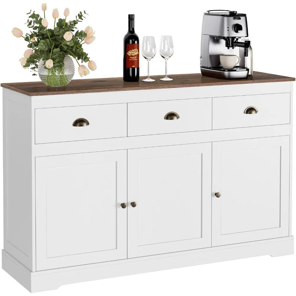 White Buffet Farmhouse Cabinet Storage Sideboard, Bar Wine Cabinet with 3 Drawers & 3 Doors Adjustable Shelves