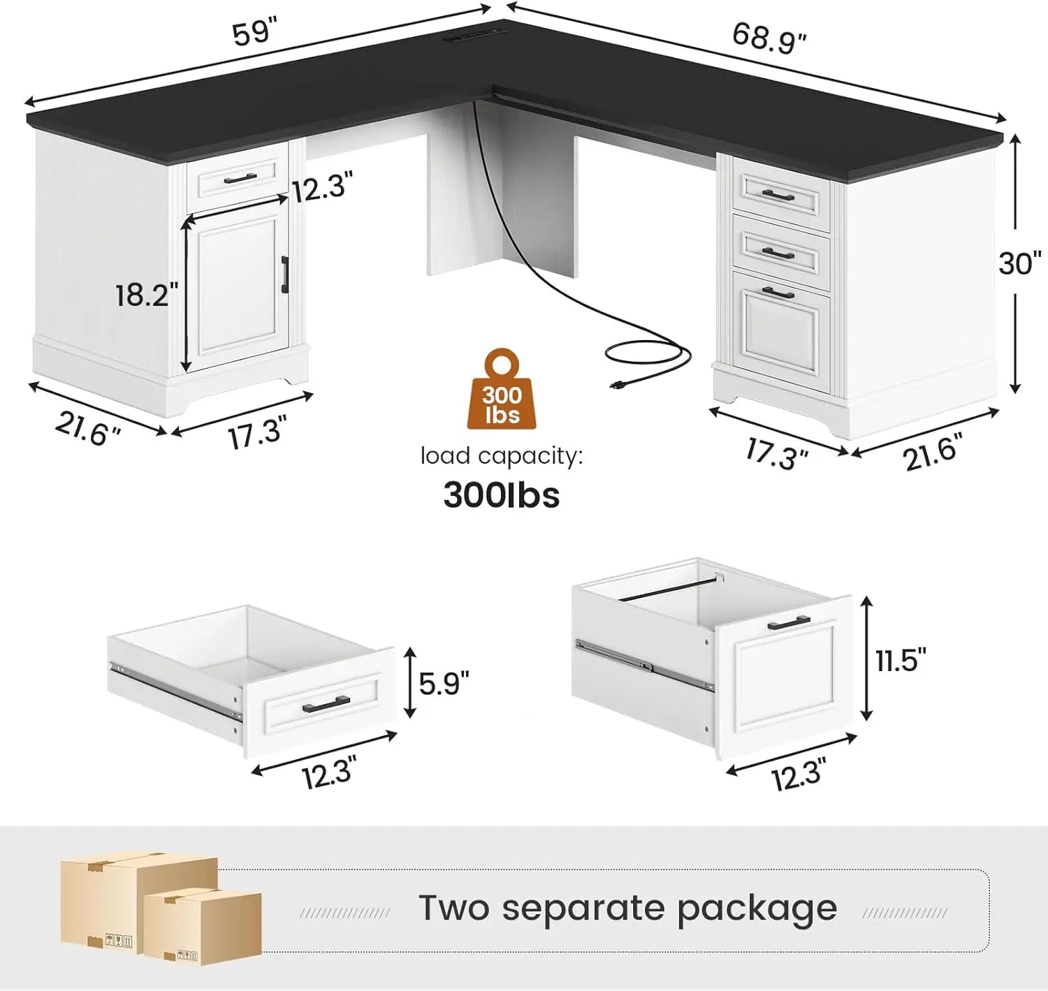 69" L-Shaped Executive Desk for Home Office with Storage and Power Outlet
