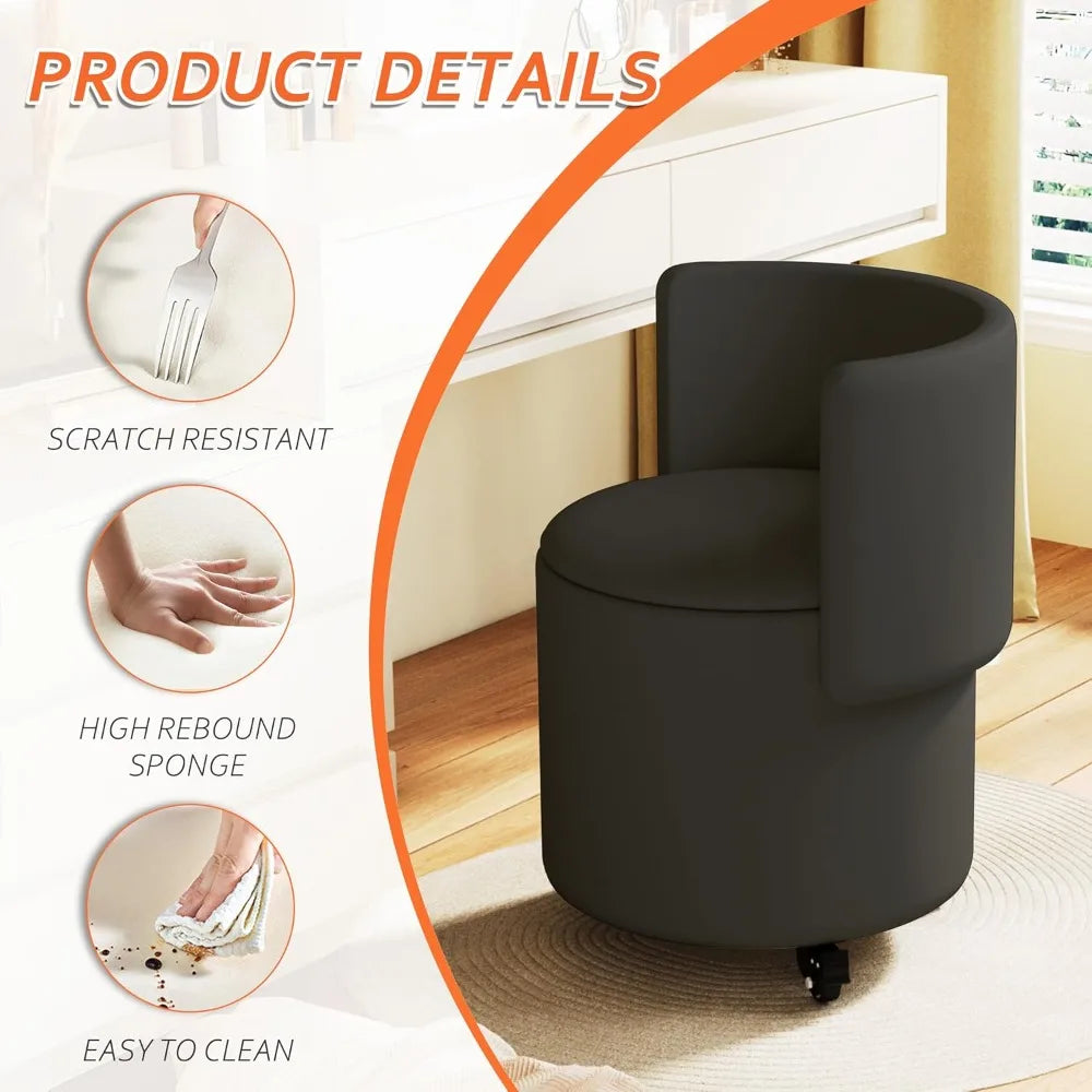 Round Vanity Chair with Storage, Rolling PU Leather Swivel  Makeup Stool Chair with Folding Back, Upholstered Ottoman
