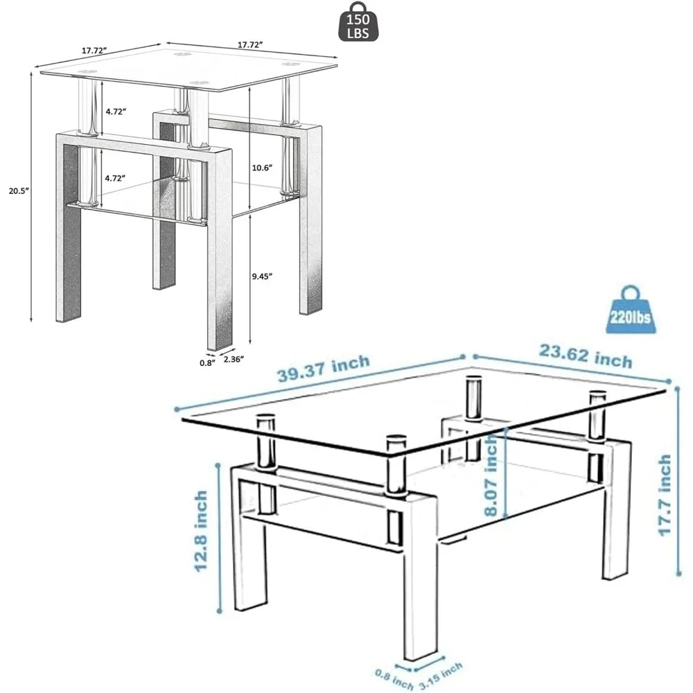 Living Room Tables Set,3 Piece Glass Coffee Table and End Tables Set for Living Room, Coffee Table Set with Tempered Glass Table