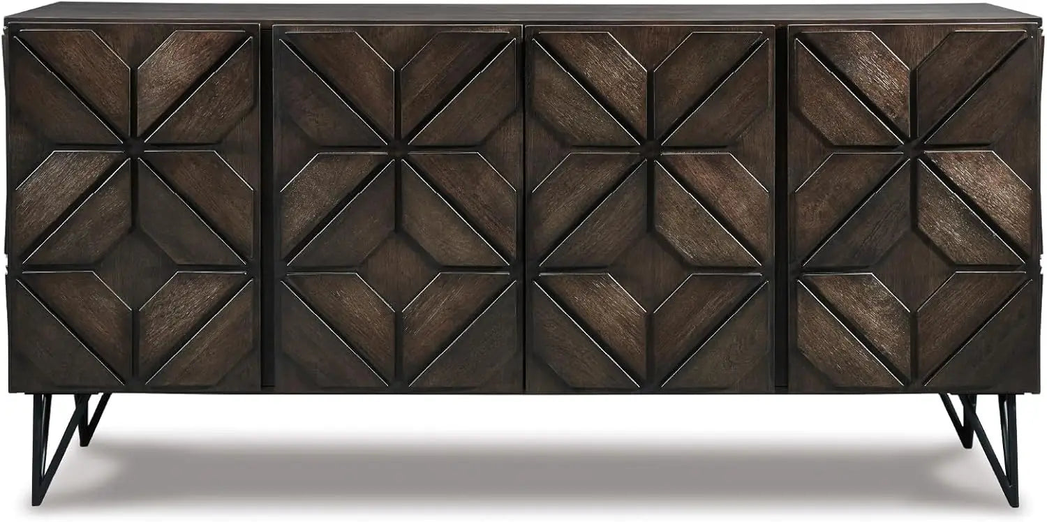 Urban Geometric Design TV Stand Fits TVs up to 70", 4 Cabinet Doors and 3 Adjustable Storage Shelves, Dark Brown