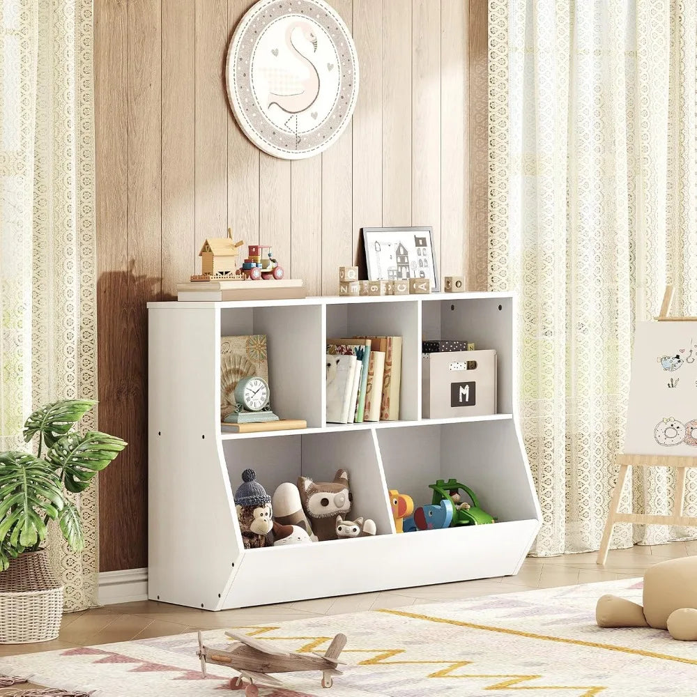 Kids Bookshelf Toy Storage Organizer, 5-Cubby Bookcase with Footboard, White Children's Furniture