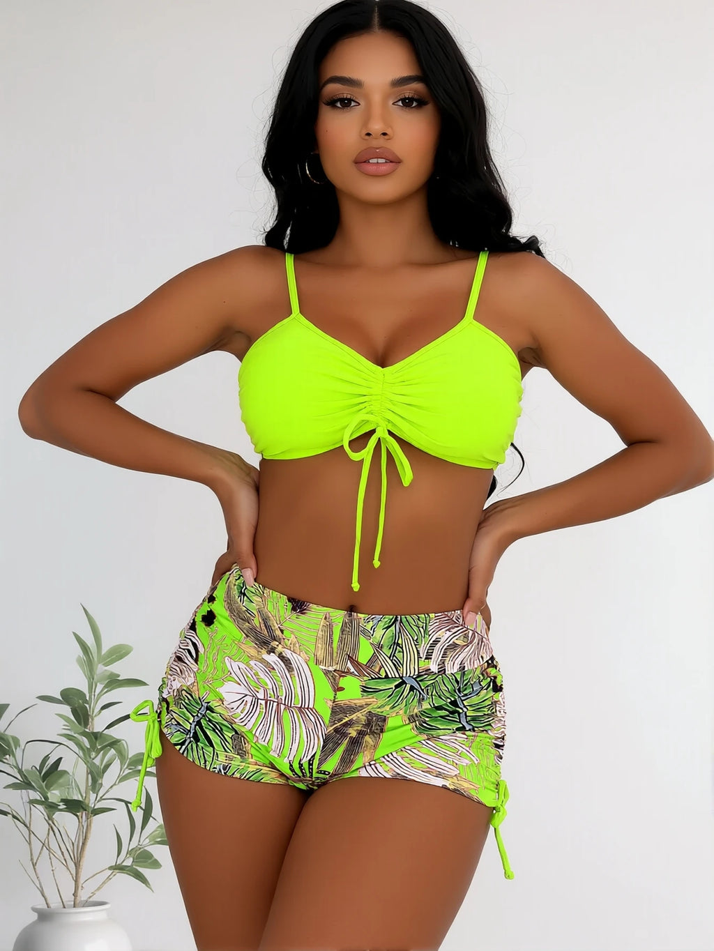 Women 2 Piece Neon Green Ruched Drawstring Bikini Top with Tropical Print High Waisted Swim Shorts Tummy Control Bathing Suit