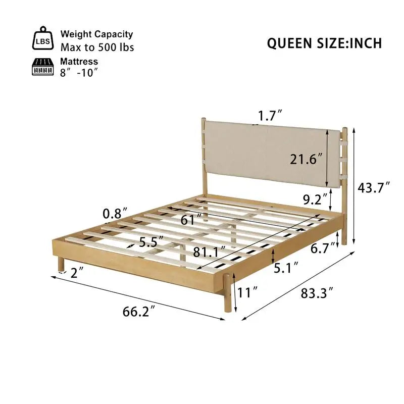 Modern Queen Bed Frame Set with 2 Nightstands, Beige Wood Platform Bed with Headboard