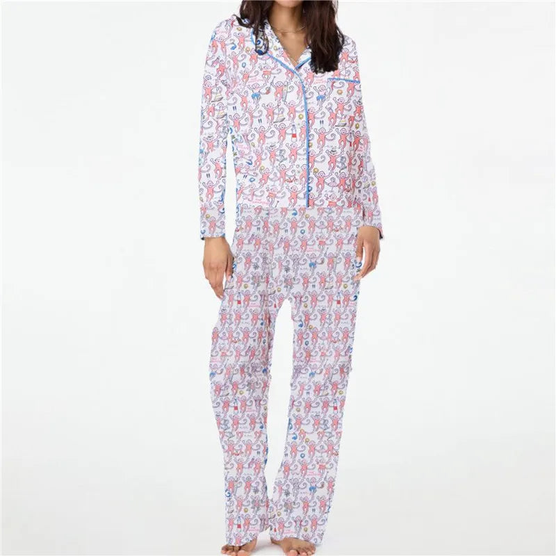 Roller Rabbit Monkey Pajamas Preppy Pjs Cute Pj Pants Sets For Women Y2k Long Sleeve Pajamas Set 2 Piece Loungewear