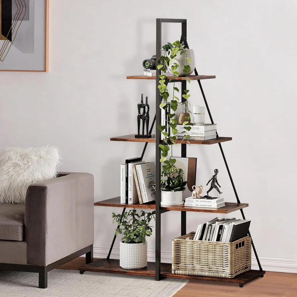 4-Tier A-Frame Ladder Shelf Bookcase - Steel Frame Bookshelf | Rustic Book Storage Shelf for Living Room, Bedroom or Kitchen, Living Room Display Rack Stand