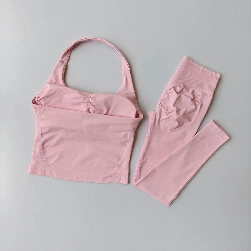 Yoga Pants High-Waisted Tummy-Control Hip-Lifting Sports Suit/ Women's Push-Up Shockproof Halter Neck Back-Slimming Fitness Set