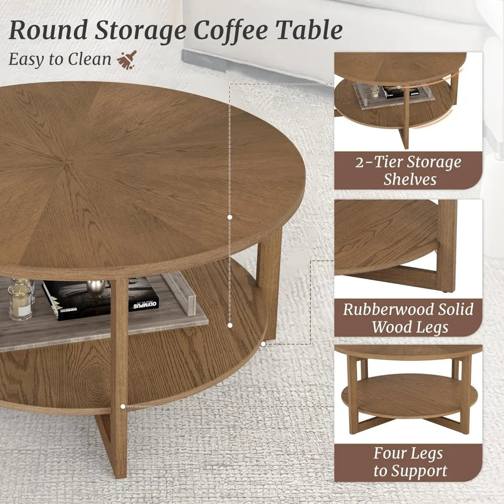 Rustic Modern 35" Circle Coffee Table with 2-Tier Storage Shelf, Dark Wood Living Room Furniture