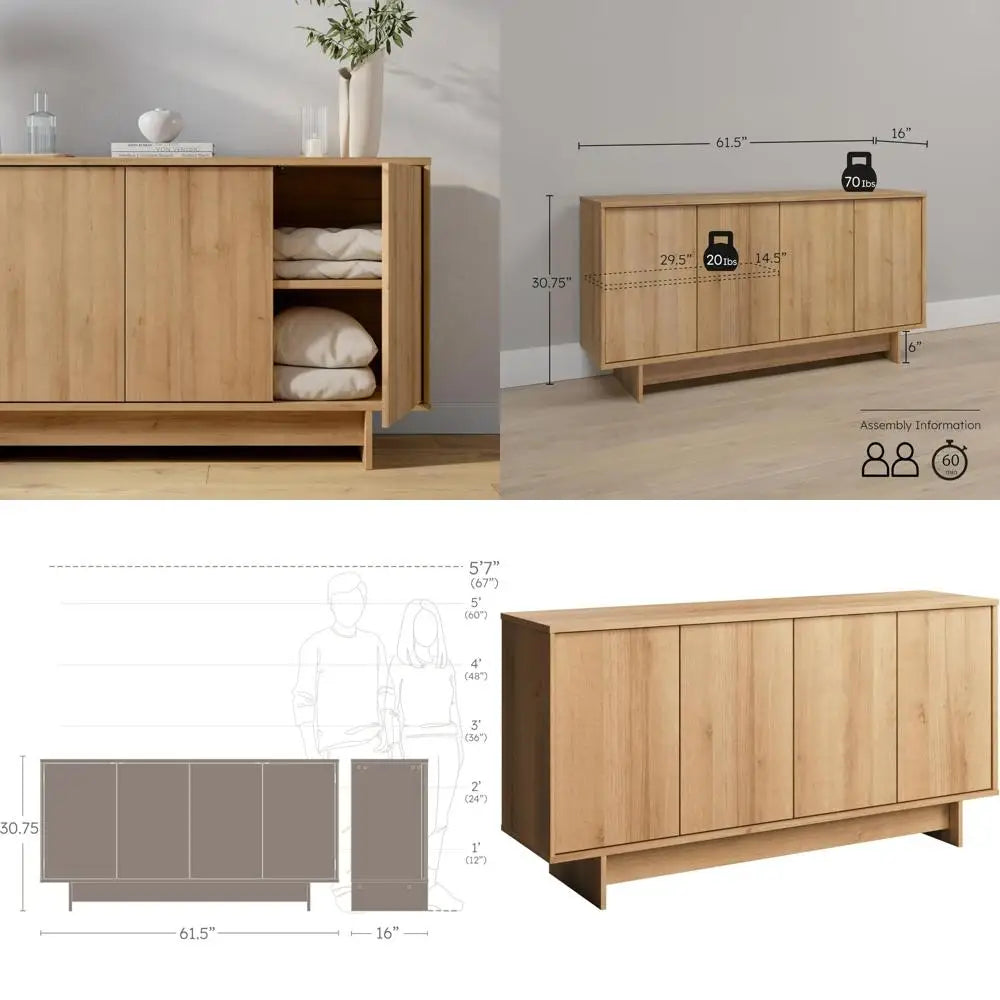 Elegant Natural Oak Sideboard: Versatile Storage Cabinet for Living Spaces, Kitchen, and Entryways