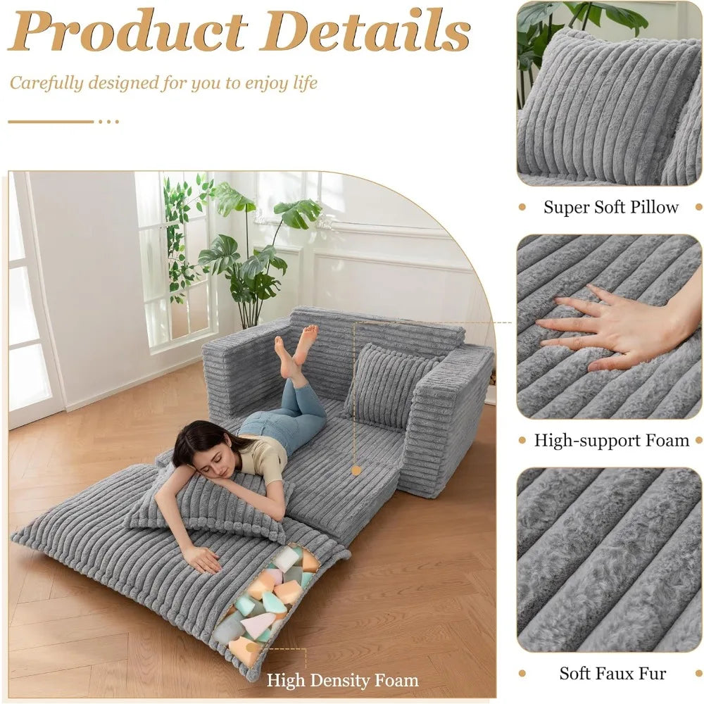 3-in-1 Pull Out Floor Couch with Washable Cushion and Pillows, Loveseat Sleeper Sofa, Convertible Sofa Bed/ Futon Couches