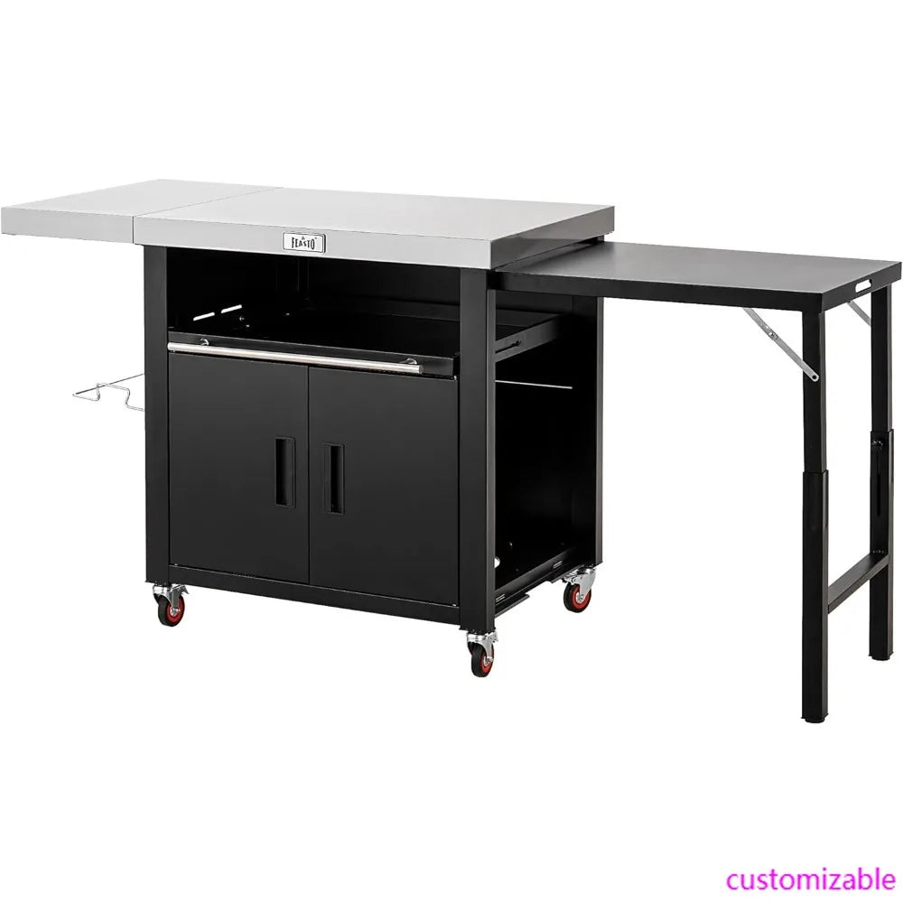 Stainless Steel Outdoor Kitchen Grill Table with Foldable Side Tables and Cabinet