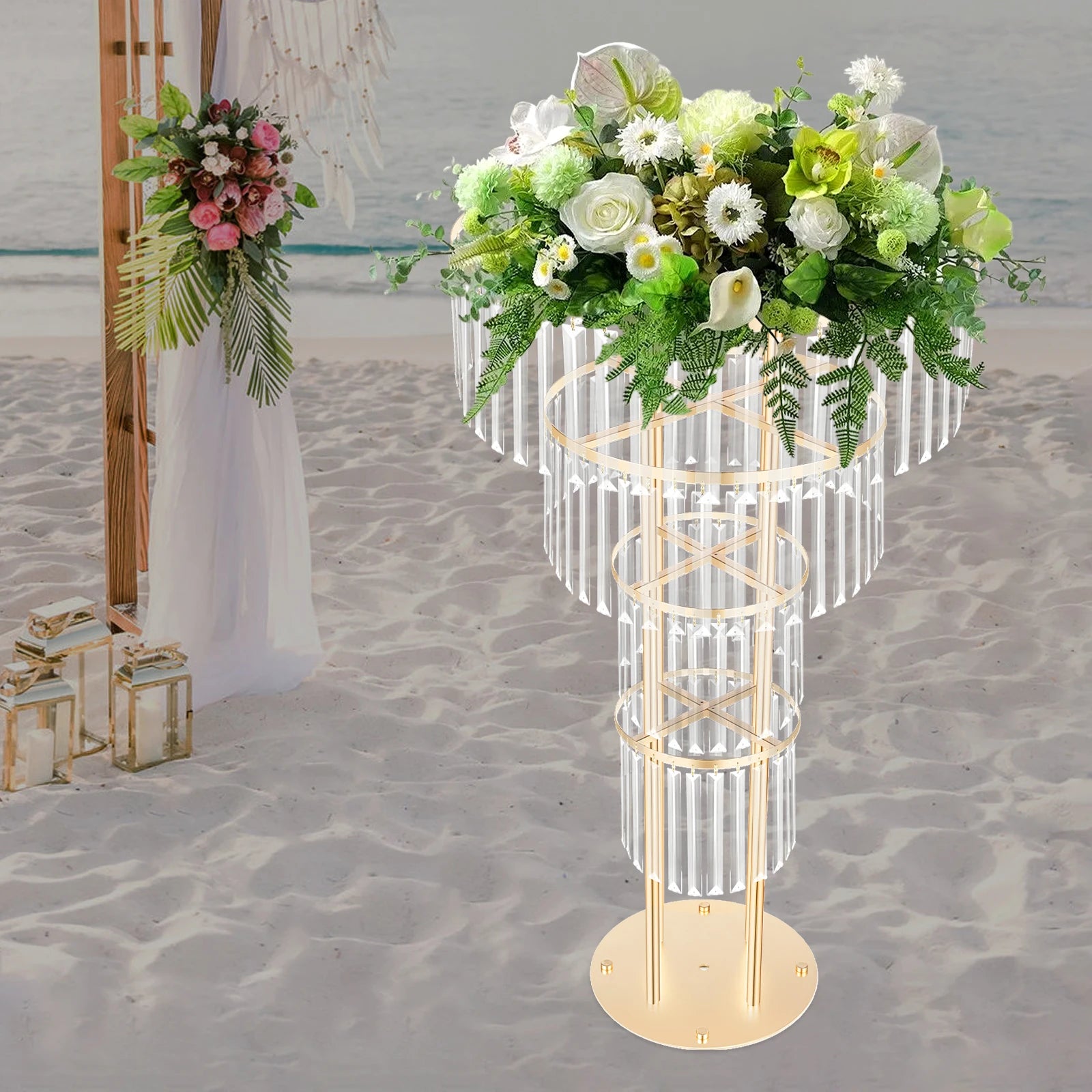 4-Tier Gold Crystal Flower Stand, 35.4" Wedding Centerpiece w/ Round Base, Hanging Acrylic Pendants, Electroplated Iron Frame