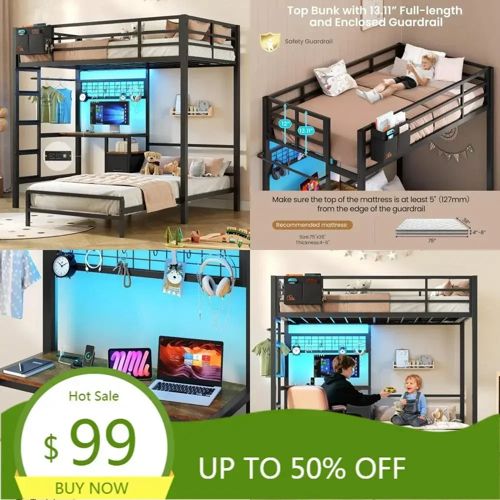 Metal L-Shaped Twin over Twin Bunk Bed with Desk, LED Lighting, and Charging Station