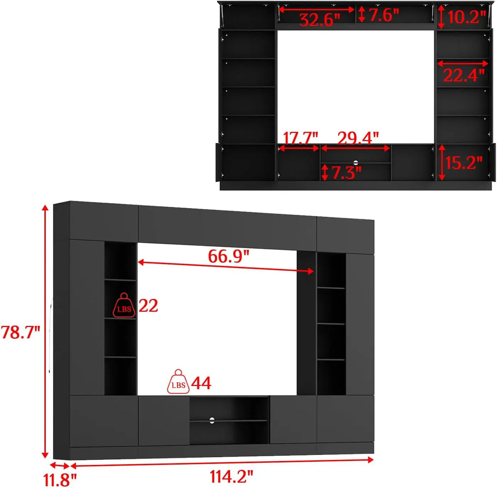 114" Large Wall Unit Entertainment Center with Bookshelves, Lights and 18 Shelves, Modern 4-Piece TV Stand Media Console Table