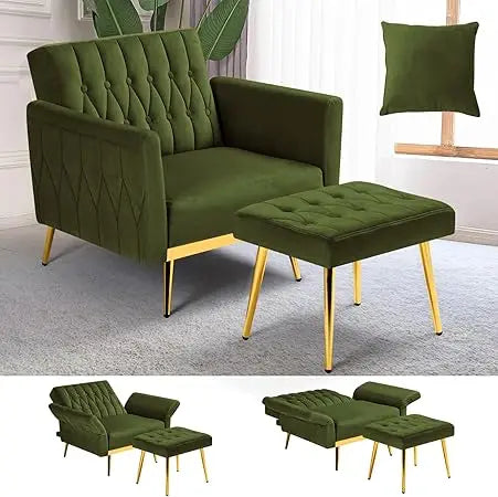 Upholstered Reclining Chair/Ottoman with Adjustable Armrests and Back, Button-Tufted Relaxation Seat
