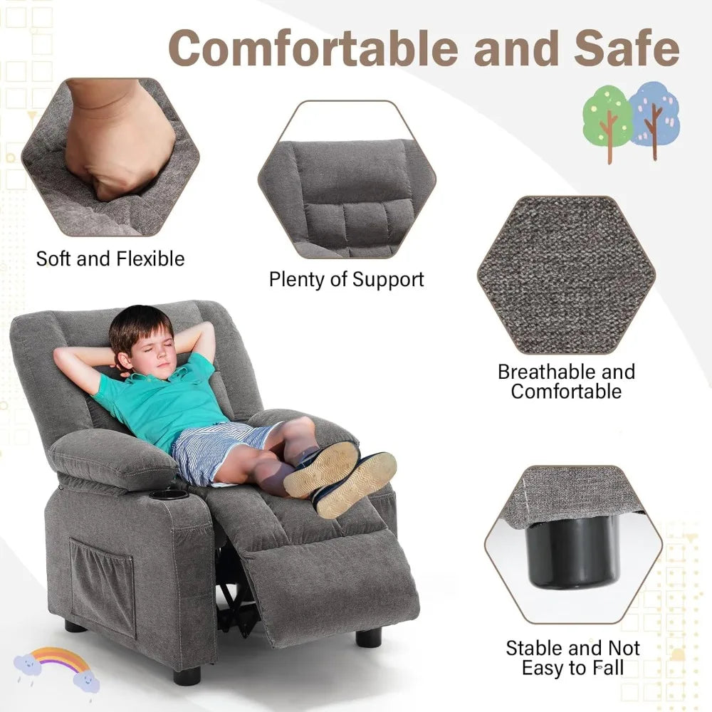 Kids Recliner Chair, Push Back Toddler Recliner with Cup Holders & Side Pockets, Adjustable Footrest & Headrest
