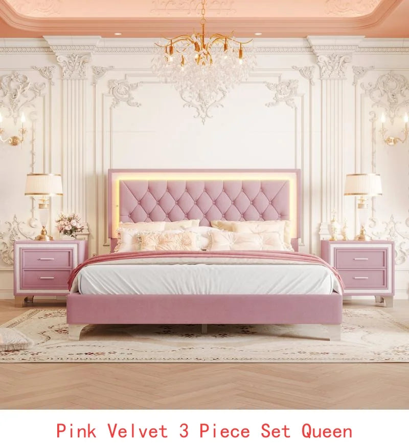 3-Piece Bedroom Set, Queen Size Upholstered Bed with LED Lighting & 2 Nightstands, Pink Upholstered Platform Bed