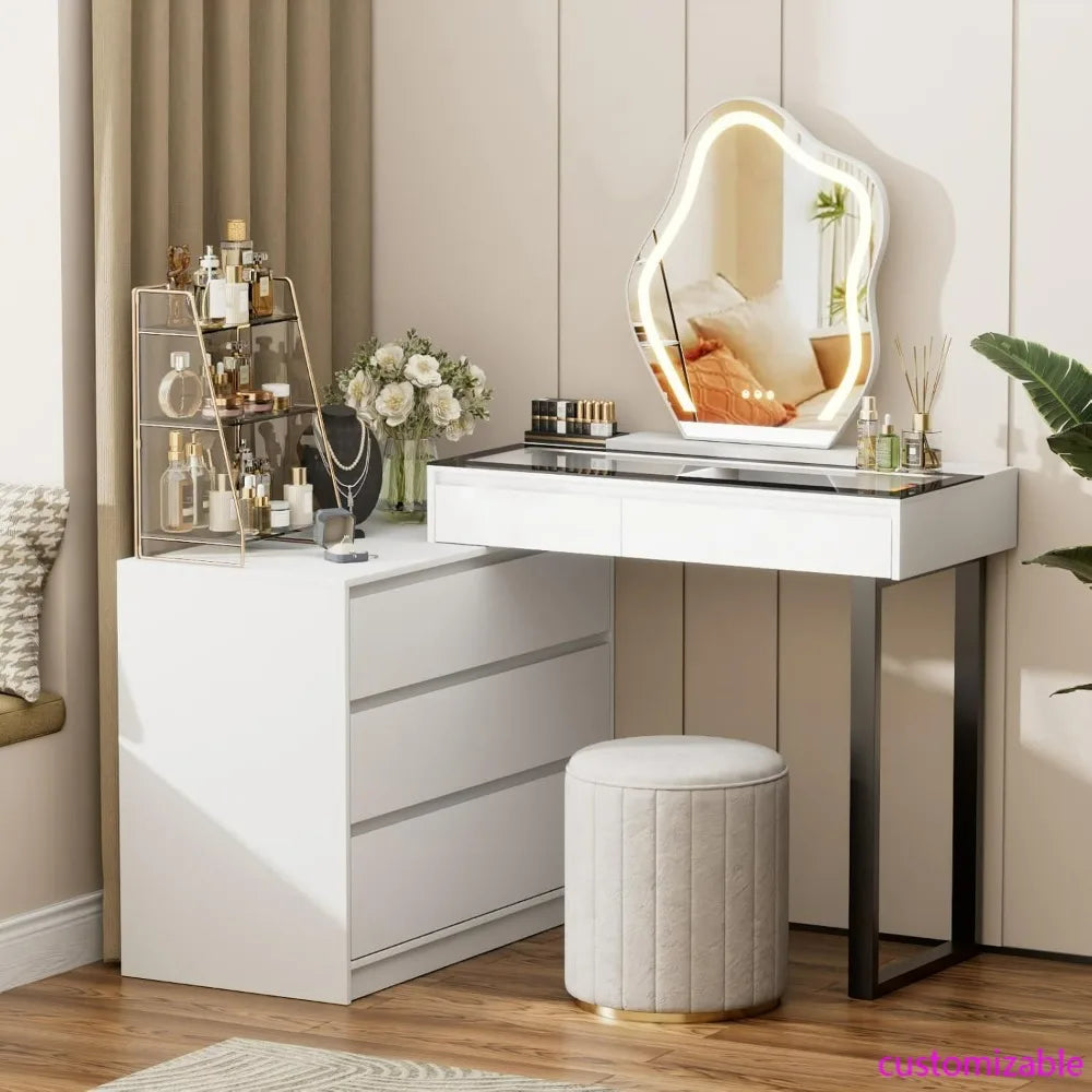 Modern L-Shaped Corner Vanity Desk with Glass Top, Mirror, and Lighting, 58-Inch Large Dressing Table with Two Drawers