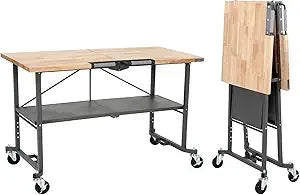 Smart-Fold Butcher Block Portable Workbench / Folding Utility Table Hardwood Top, 700LB Total Weight Capacity, Locking