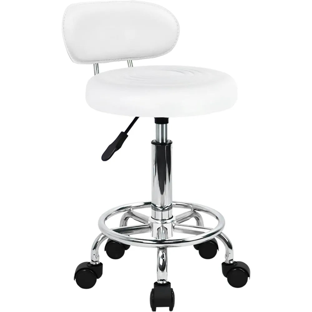Modern PU Leather Rolling Swivel Chair with Adjustable Height and Footrest for Work, Salon, and Drafting (White)