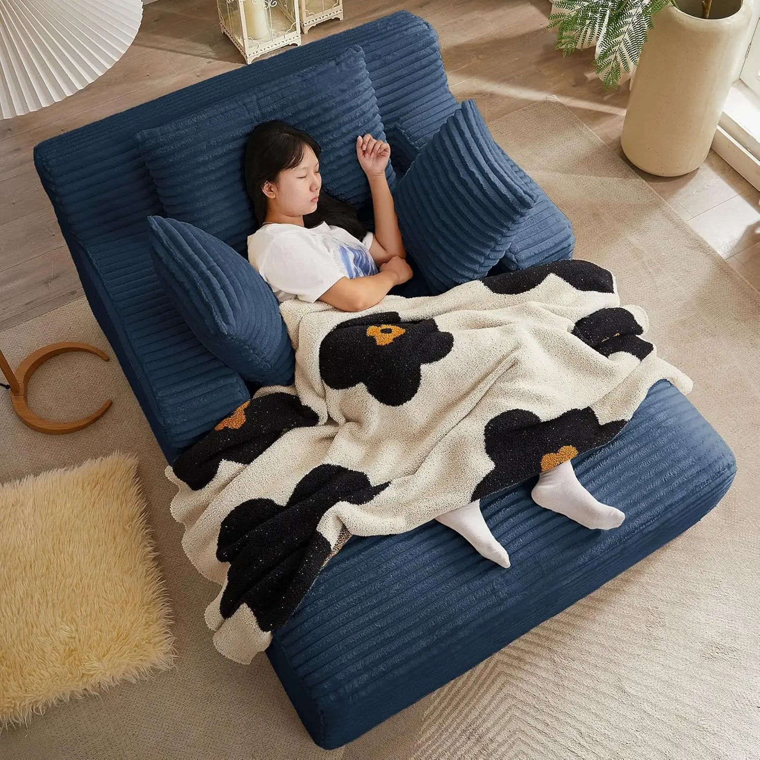 Oversized Chaise Lounge Chair with 3 Comfy Pillows for Living Room/ Bedroom, Wide Arms/ Corduroy Fabric/ High-Density