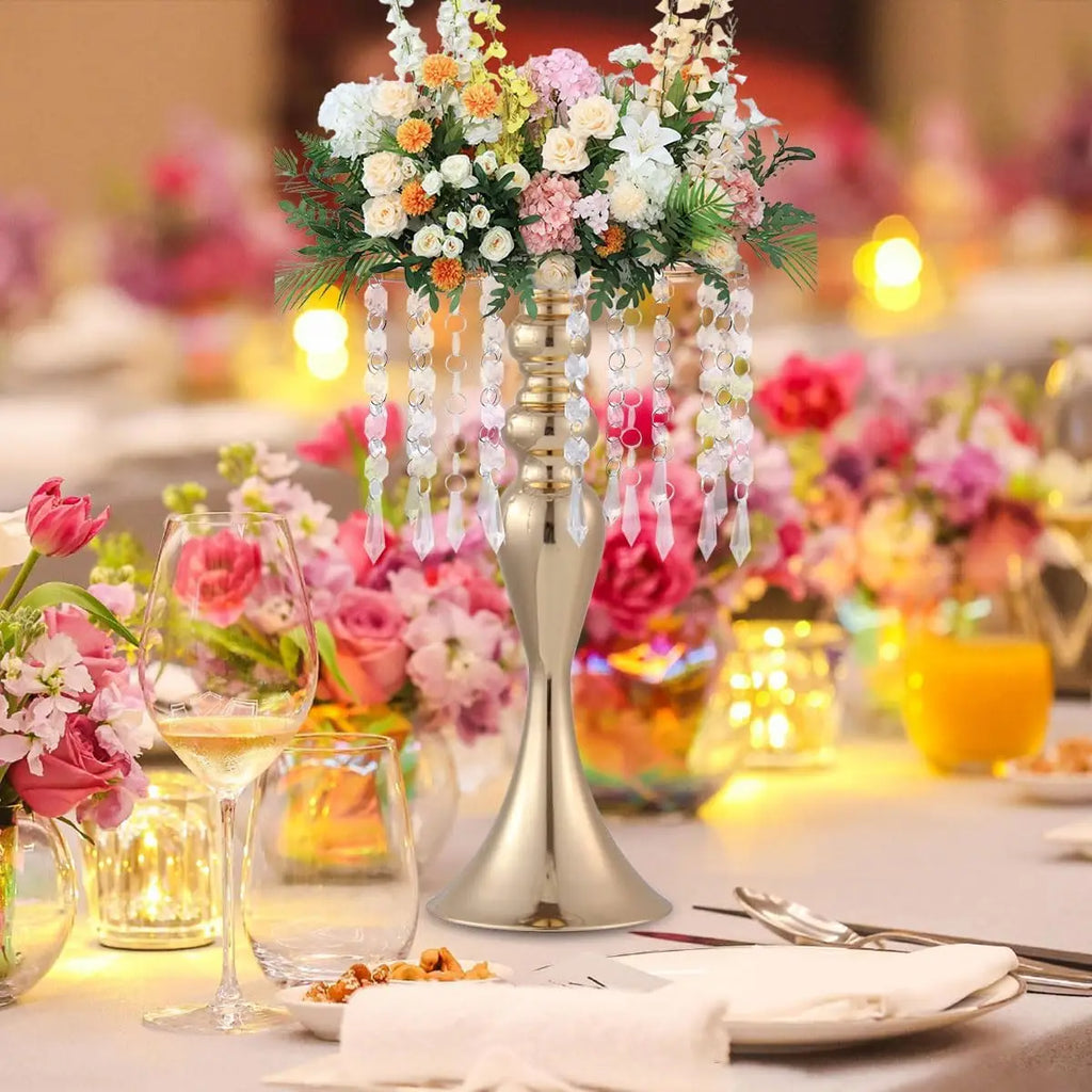 8 Pcs Gold Metal Flower Stands with Crystal Beads Wedding Centerpieces for Tables Party/ Centerpiece Vases /Celebration Home Decor
