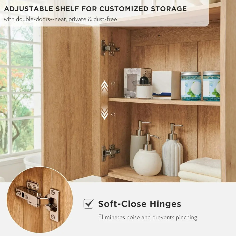 67 Tall Wooden Bathroom Storage Cabinet with Adjustable Shelves and Handle-Free Double Doors