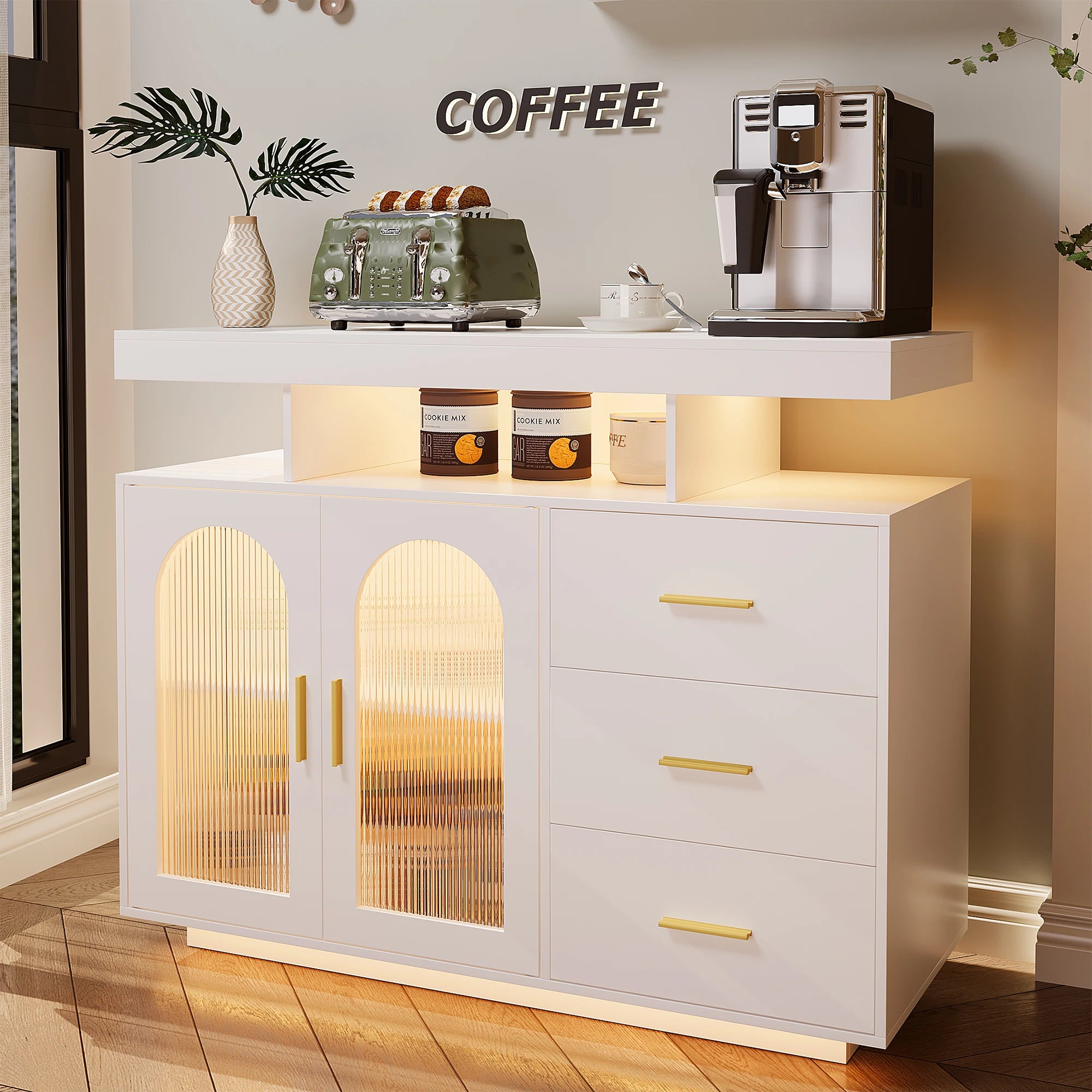 JDPAG 40" LED Buffet Cabinet with Wireless Charging Station, Auto Sensor RGB 20-Color Dimmable Sideboard