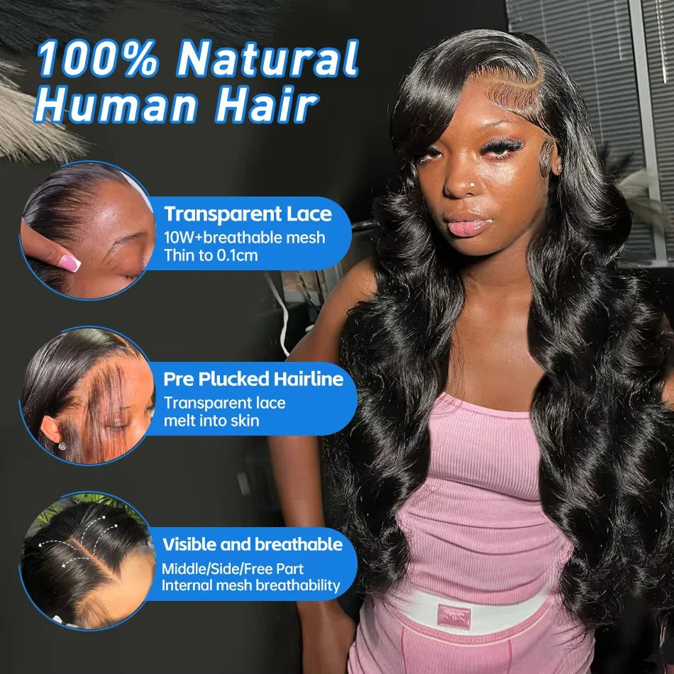 250 Density Body Wave 13x6 HD Transparent Lace Frontal Wig For Black Women 100% Human Hair Wigs 13x4 Pre Plucked Wet And Wavy Lace Front Wig Natural Color