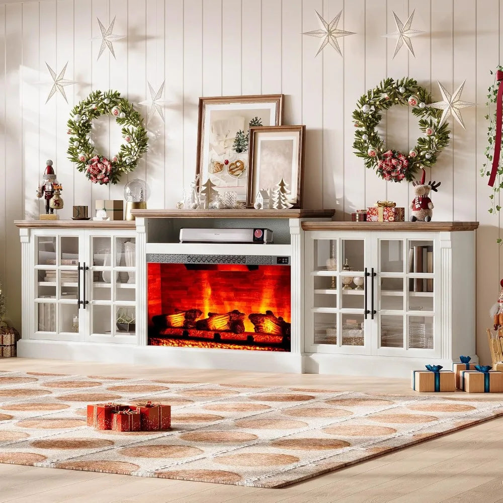 97" Farmhouse TV Stand with 33" Fireplace for TVs up to 100", Media Entertainment Center with Large Storage Cabinet