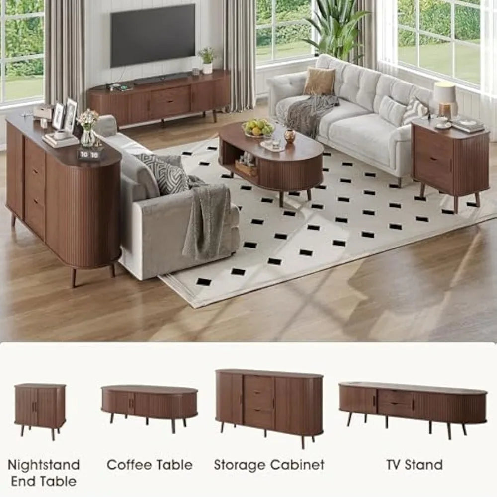 Oval Coffee Table, Mid Century Modern Coffee Table with Sliding Tambour Door, Fluted Center Table with Hidden Storage, Curved