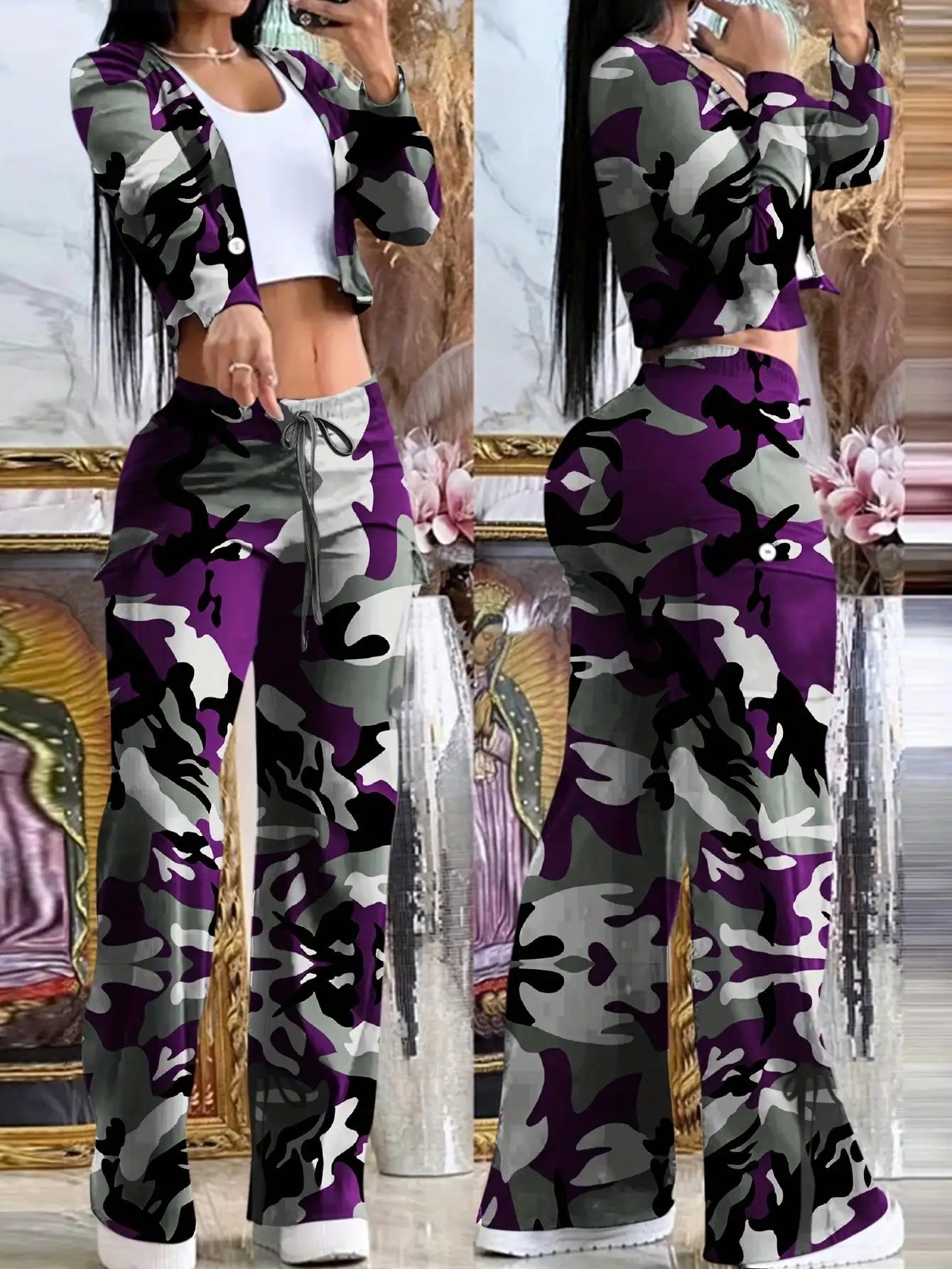 BWQ 2pcs/Set Women Popular Orange Knit Cardigan & Cargo Pant | V-Neck Button-Up Top Pants With Drawstring Waist | Elegant Casual