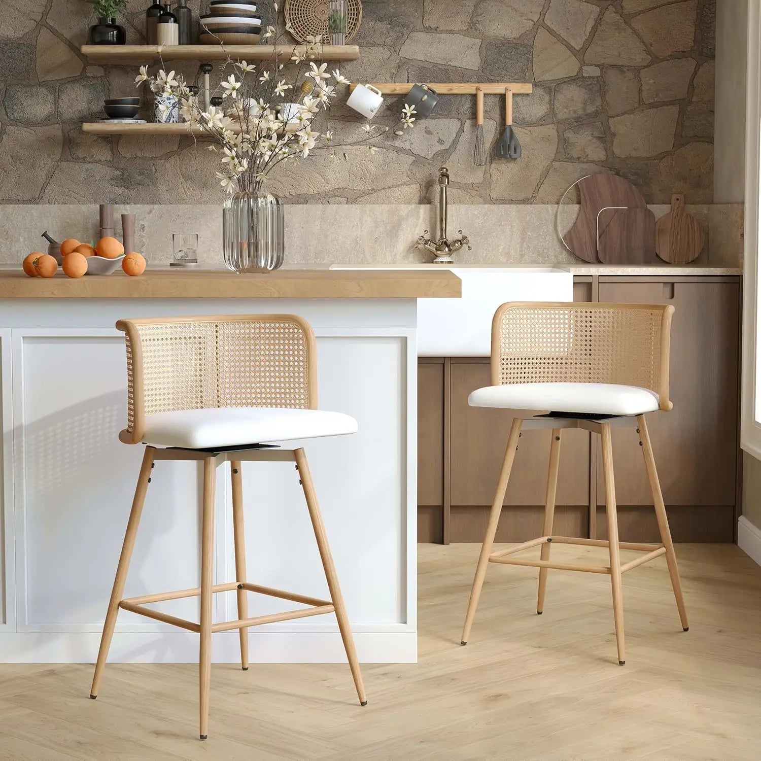 NEW Swivel Rattan Bar Stools Set of 2, 26” Counter Height Stools with Natural Rattan Woven Back and Faux Leather Seat