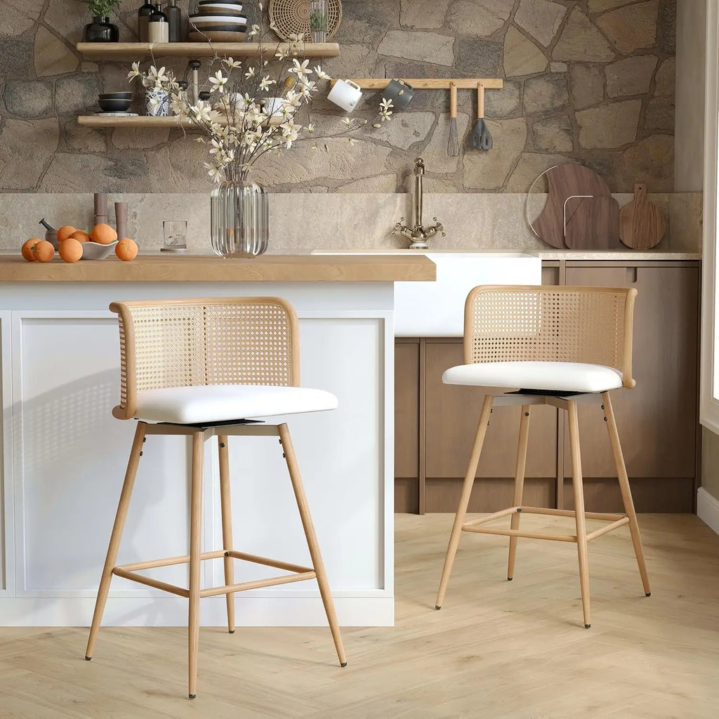 NEW Swivel Rattan Bar Stools Set of 2, 26” Counter Height Stools with Natural Rattan Woven Back and Faux Leather Seat
